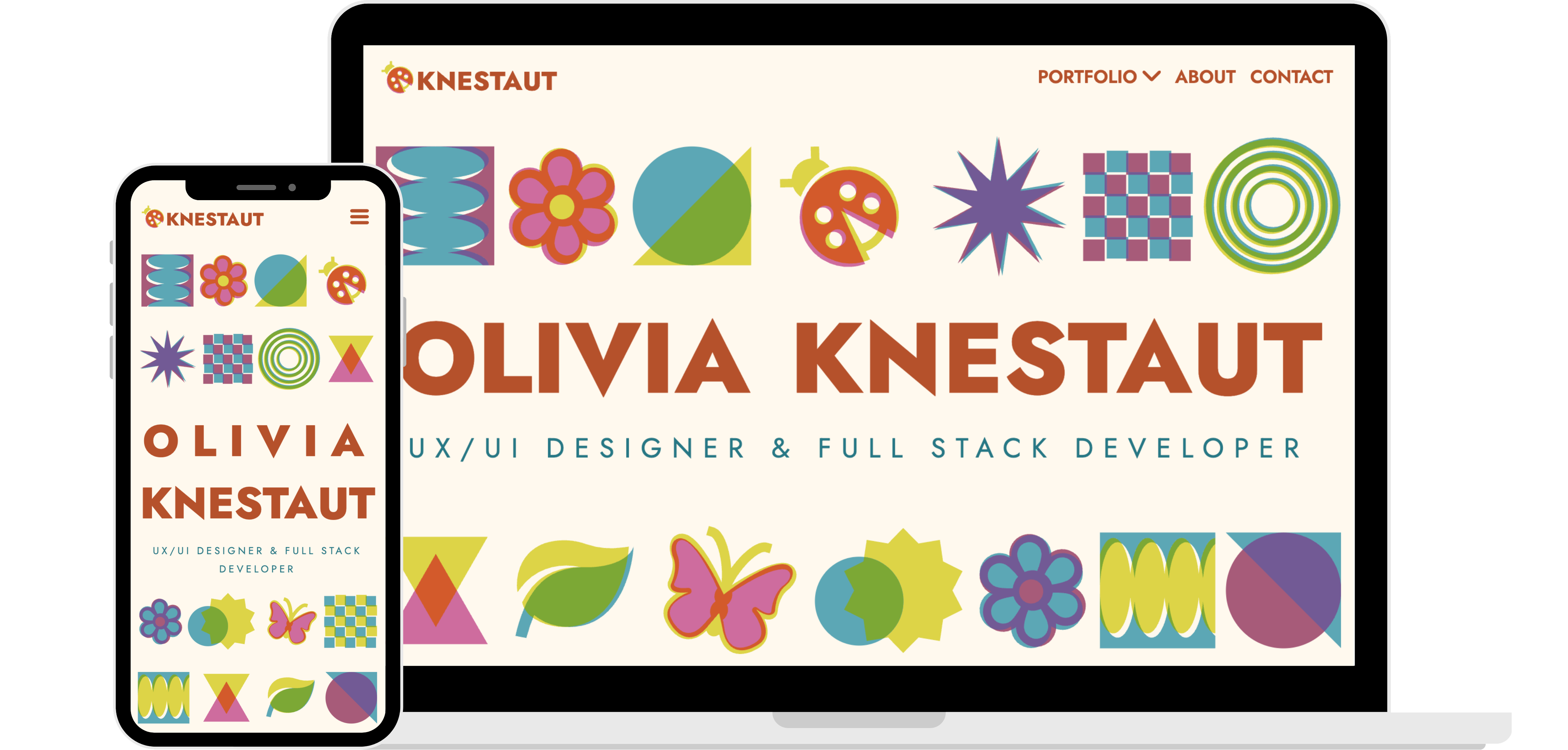 Desktop and mobile screens showing screens of Olivia's portfolio site (the site you are on!)