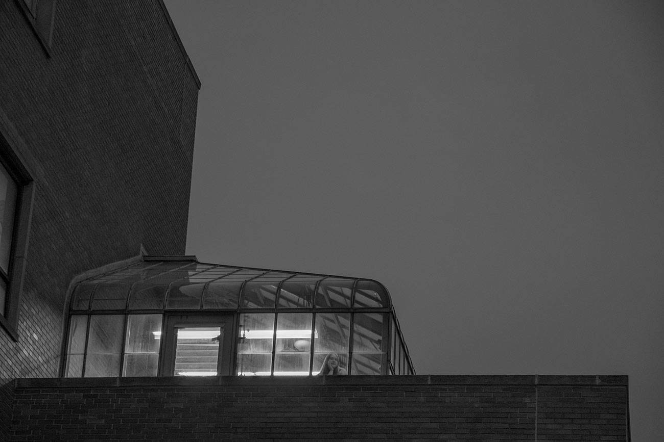 Black and white, View looking up at greenhouse from exterior, girl visible in window solemnly looking out