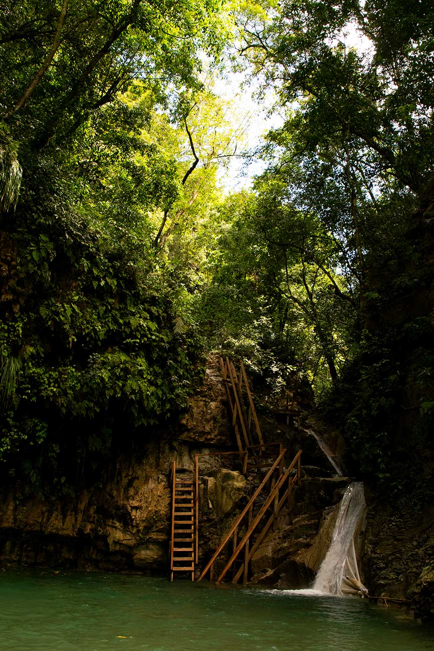 Light filtering through the trees onto the Damajaqua Waterfalls in the Dominican Republic