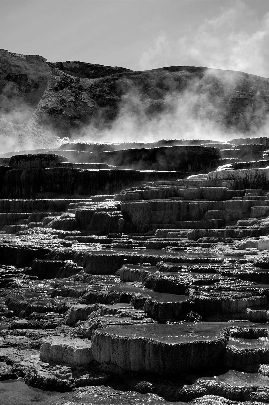 Black and white, levels of the mammoth hot springs