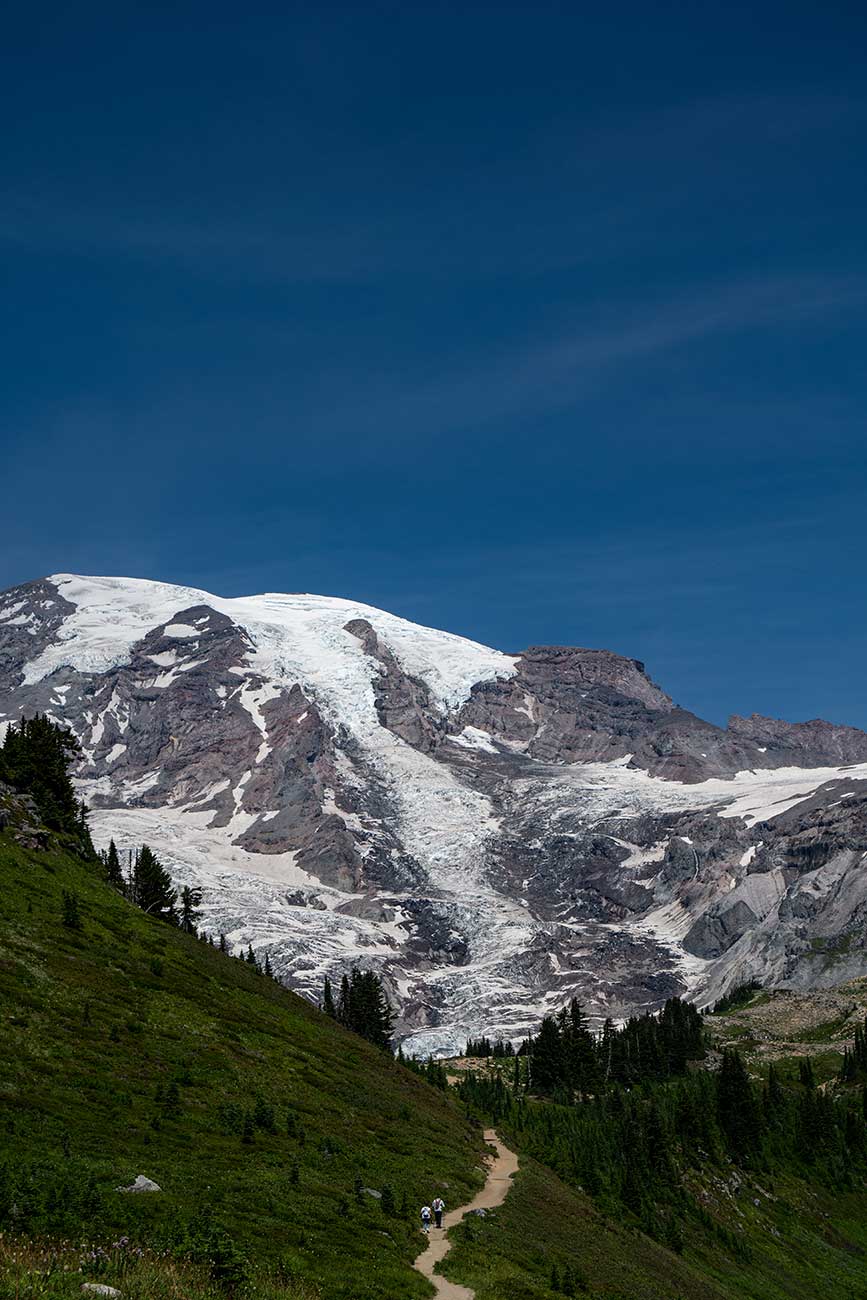 View up Mount Rainier along the trail to the summit