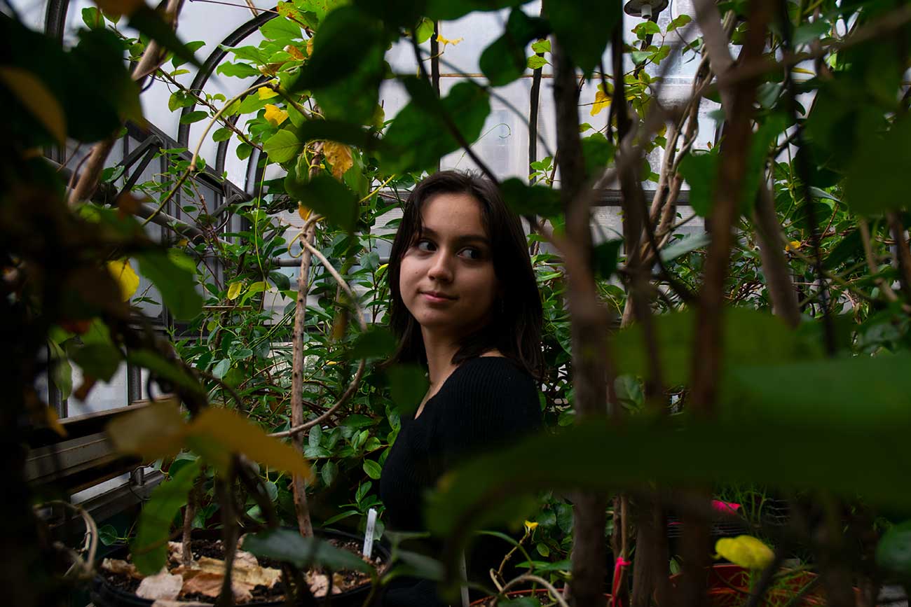 Girl in greenhouse looking between rows of plants